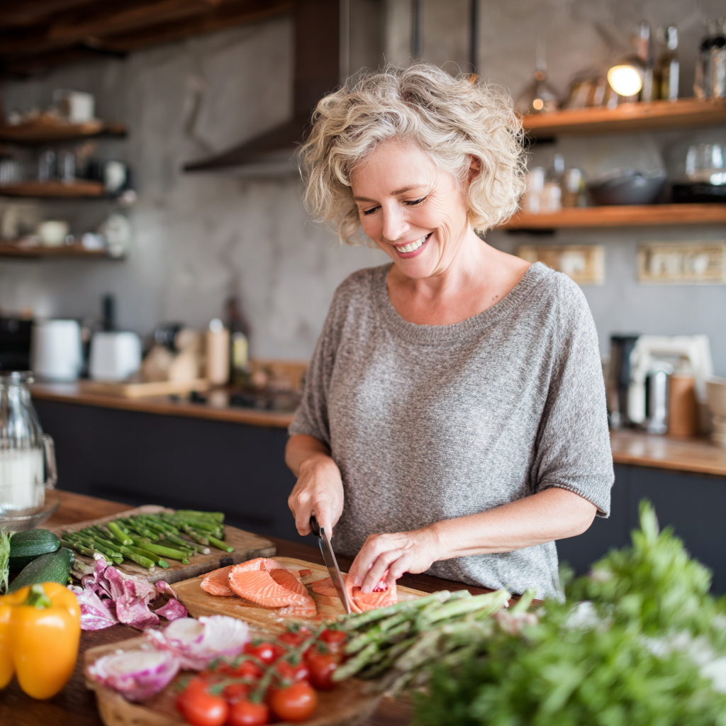 Middle-aged woman preparing healthy meal in modern kitchen