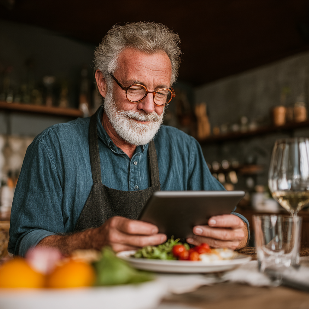 Senior man reviewing meal planning results on tablet device